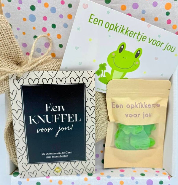 Postkadootje Knuffel | Bloembollen een knuffel voor jou | Kikkersnoepjes in zakje | Kaartje naar keuze