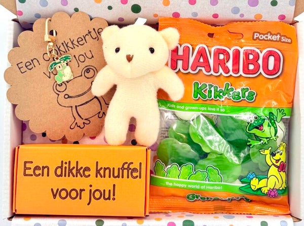 Postkadootje Knuffelmix | Haribo snoepkikkers | Doosje met knuffeltje voor jou | Opkikker sleutelhanger | Kaartje naar keuze
