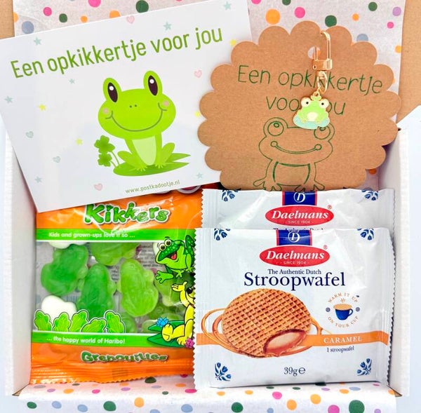 Postkadootje Kwaak | Kikker sleutelhangertje | Haribo snoepkikkers | Stroopwafels | Kaartje naar keuze