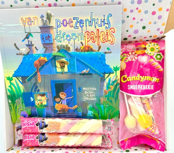 Postkadootje Lekker lezen | (voor)Leesboek poezenhuis | Snoepzakje | Spekkies 2 stuks | Kaartje naar keuze
