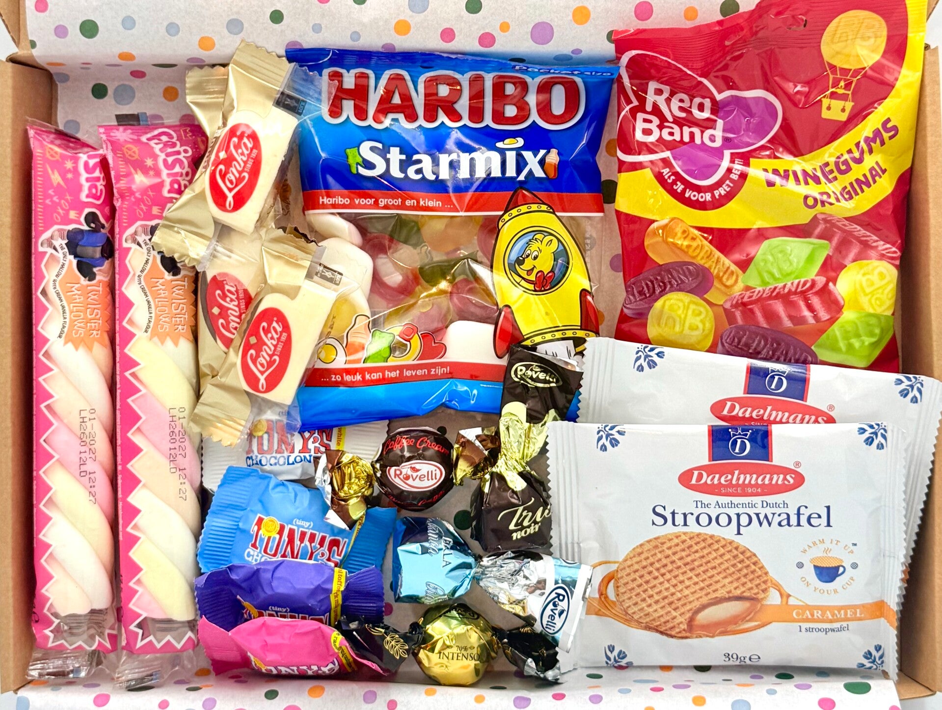 Postkadootje Lekker snoepen | Haribo starmix | red band winegums | Stroopwafels per stuk verpakt | Bonbons | Tony chocolonely mini's | Lonka nougat | Spekkies per stuk verpakt | Kaartje naar keuze