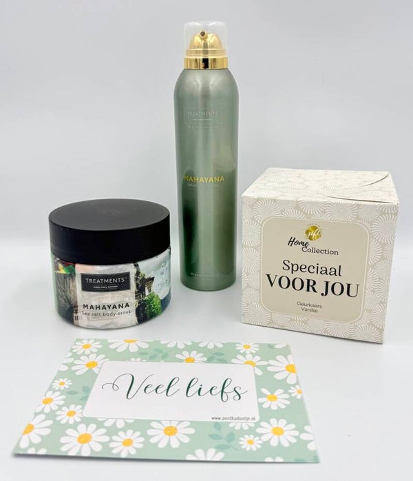 Postkadootje Mahayana | Treatments sea salt body scrub | Foaming shower gel | Geurkaars vanille | Kaartje naar keuze
