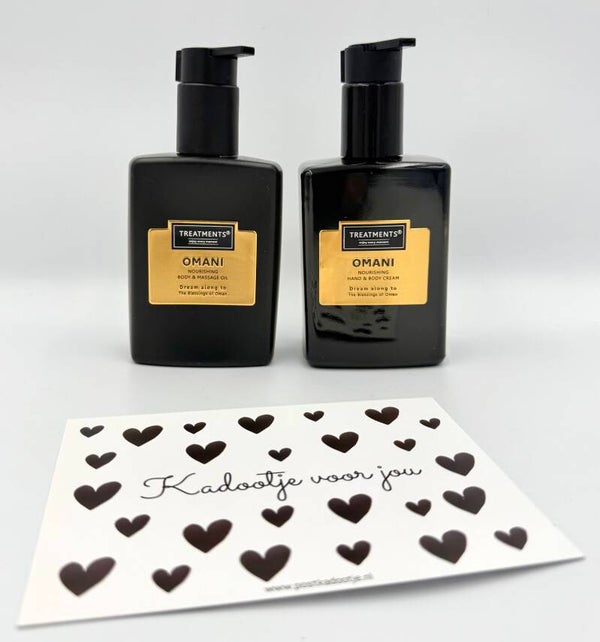 Postkadootje Omani | Treatments hand en body cream | Body en massage oil | Kaartje naar keuze