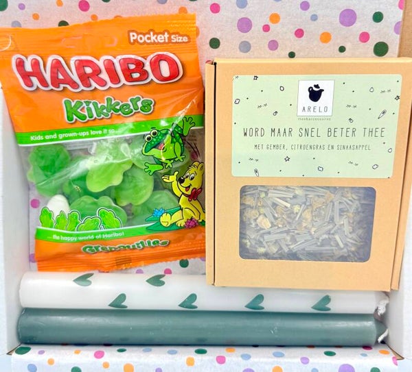 Postkadootje Ontspanning | Word maar snel beter thee | Haribo snoepkikkers | Twee dinerkaarsen | Kaartje naar keuze