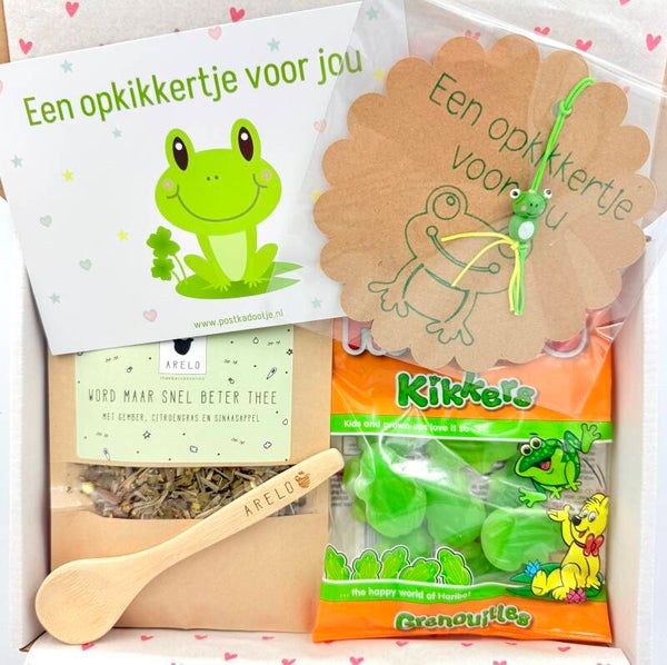 Postkadootje Opkikker | Pocket size snoepkikkers | Word maar snel beter thee | Theeschepje | Opkikkertje voor jou gelukje | Kaartje voor jou
