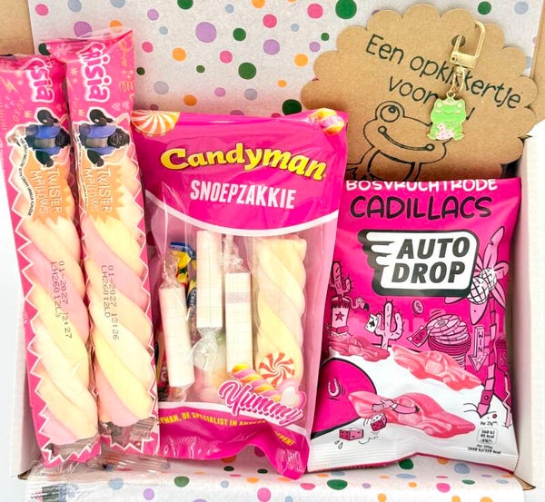 Postkadootje Oppepbox | Opkikkertje voor jou sleutelhanger | Spekkies | Snoepzakje | Autodrop | Kaartje naar keuze