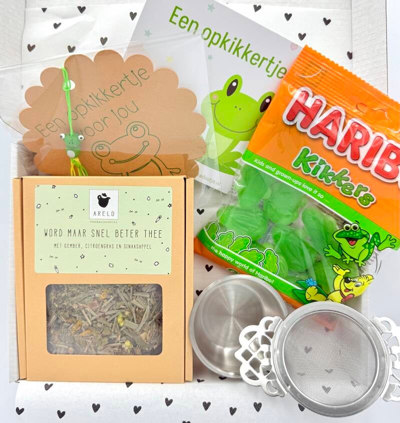 Postkadootje Krachtkado | Word maar snel beter thee | Theeschepje | Snoepkikkers in pocket size | Twee mooie kaarsen | Kaartje naar keuze
