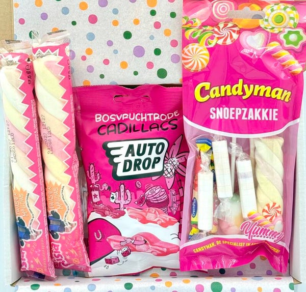 Postkadootje Pink | Snoepzakje | Autodrop | Spekkies | Kaartje naar keuze