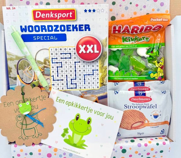 Postkadootje Puzzelen | Woordzoeker xxl puzzelboek | Opkikkerpen | Stroopwafels | Haribo kikkersnoepjes | Gelukje opkikkertje voor jou | Kaartje naar keuze