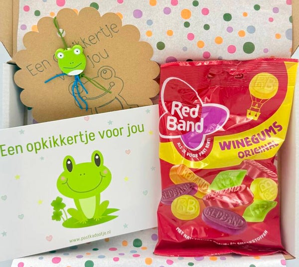 Postkadootje Red Band | Red Band winegums snoepjes | Opkikkertje voor jou gelukje | Kaartje naar keuze
