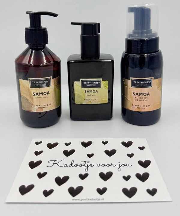 Postkadootje Samoa | Treatments Shower gel | Hand wash | Hair en body shower foam | Kaartje naar keuze