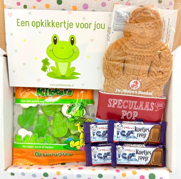 Postkadootje Snoepen | Haribo snoepkikkers | Speculaaspop | Koetjesreepjes | Kaartje naar keuze