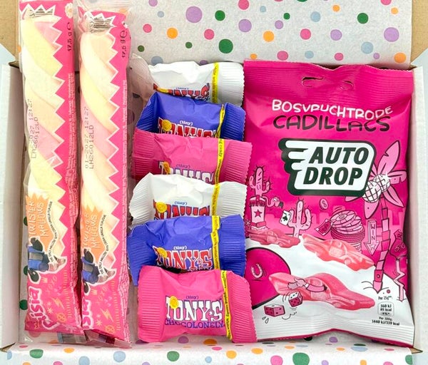 Postkadootje Snoepgeluk | Autodrop | Tony Chocolonely mini's | Spekkies | Kaartje naar keuze