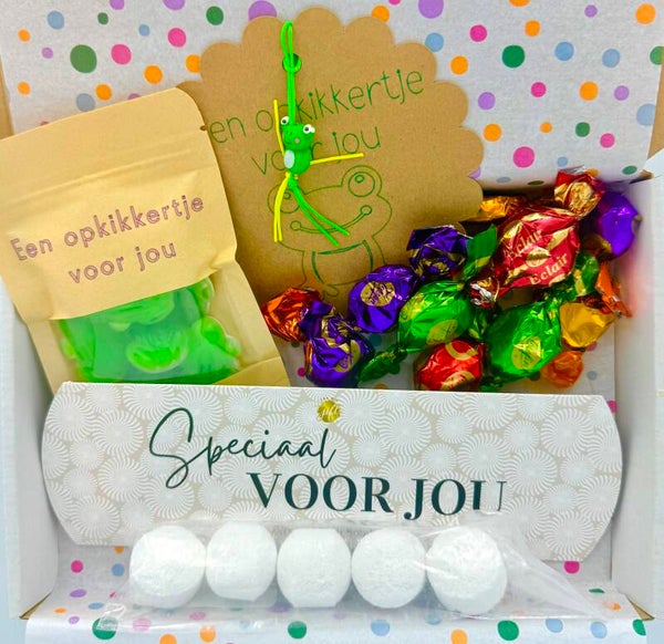 Postkadootje Speciaal | Bath bombs in gondeldoosje speciaal voor jou | Toffees | Kikkersnoepjes opkikkertje voor jou | Opkikkergelukje voor jou | Kaartje naar keuze