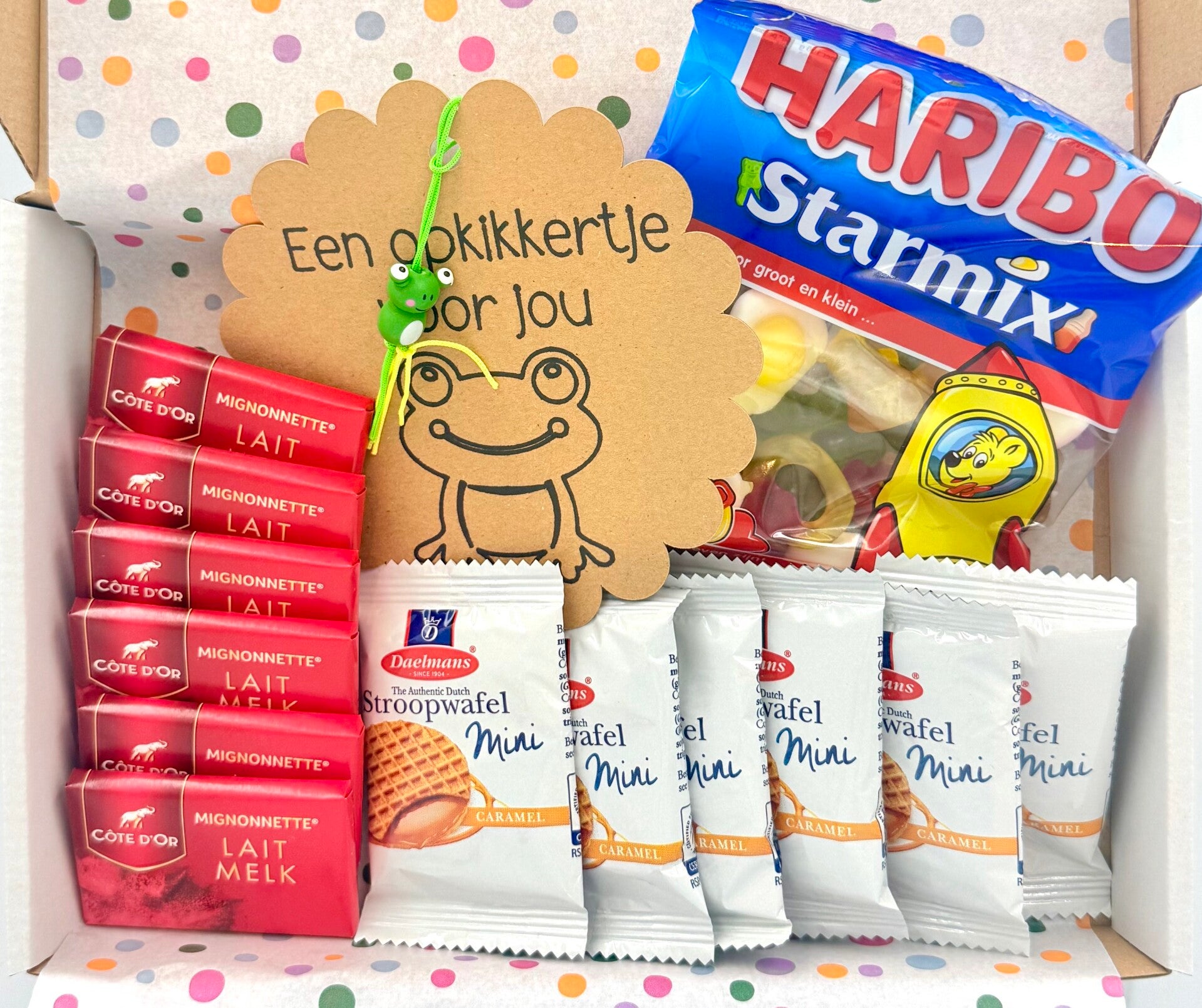 Postkadootje Starmix | Haribo starmix pocket size | Mini stroopwafeltjes | Cote d'or Mini chocolade  Opkikkertje voor jou gelukje | Kaartje naar keuze