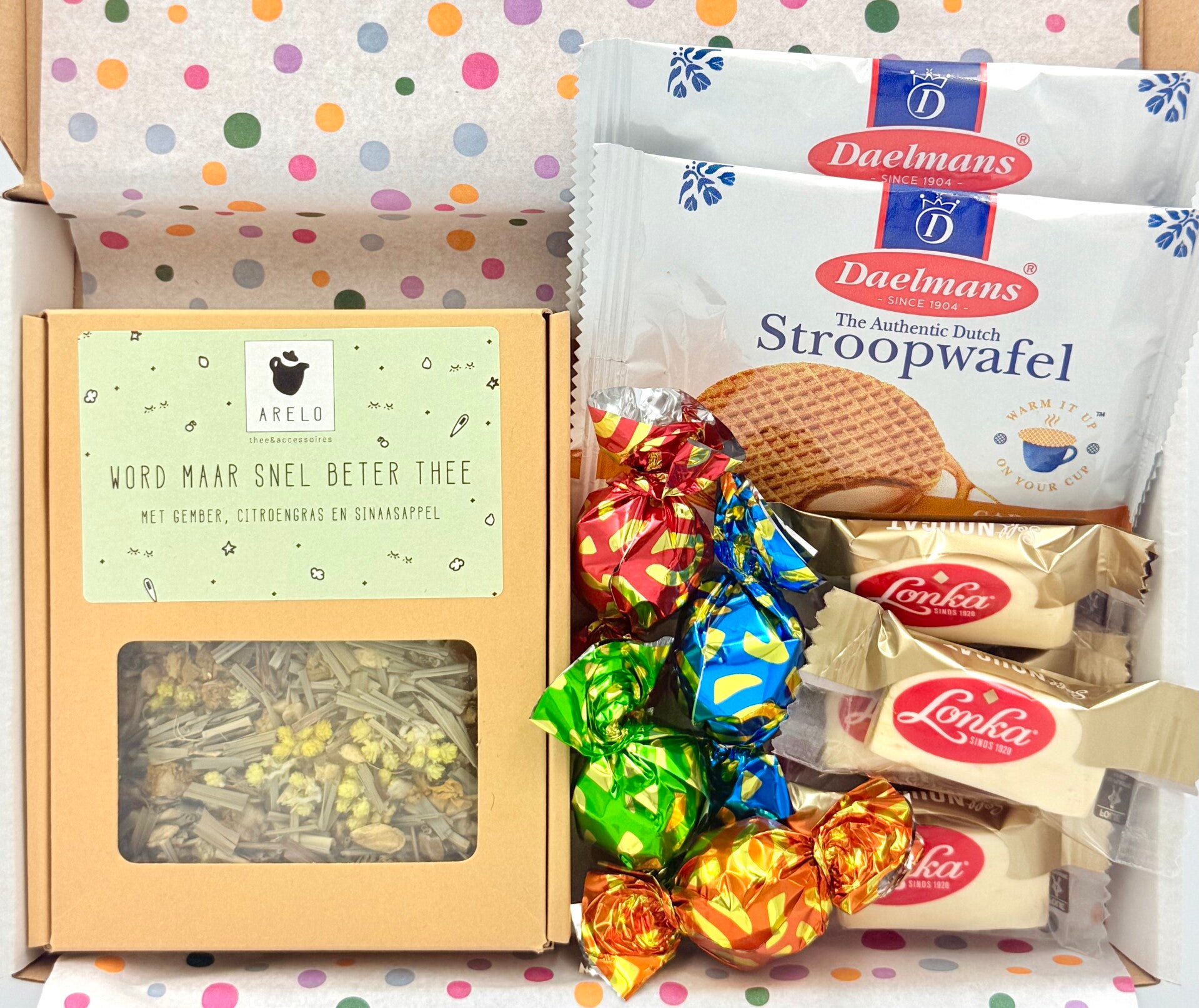 Postkadootje Stroopwafel | Stroopwafels per stuk verpakt | Word maar snel beter thee in doosje met filters | Lonka nougat | Bonbons chocolade | Kaartje naar keuze