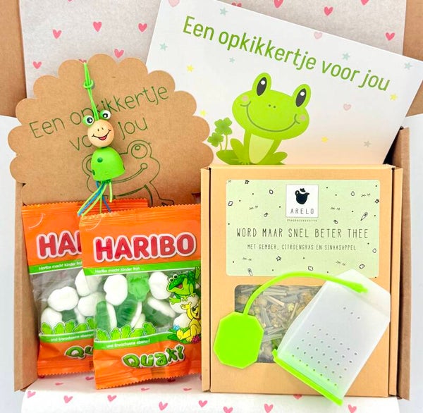 Postkadootje Theetijd | Word maar snel beter thee in doosje | Theefilter theezakje groen | Haribo mini snoepkikkers | Opkikkergelukje | Kaartje naar keuze