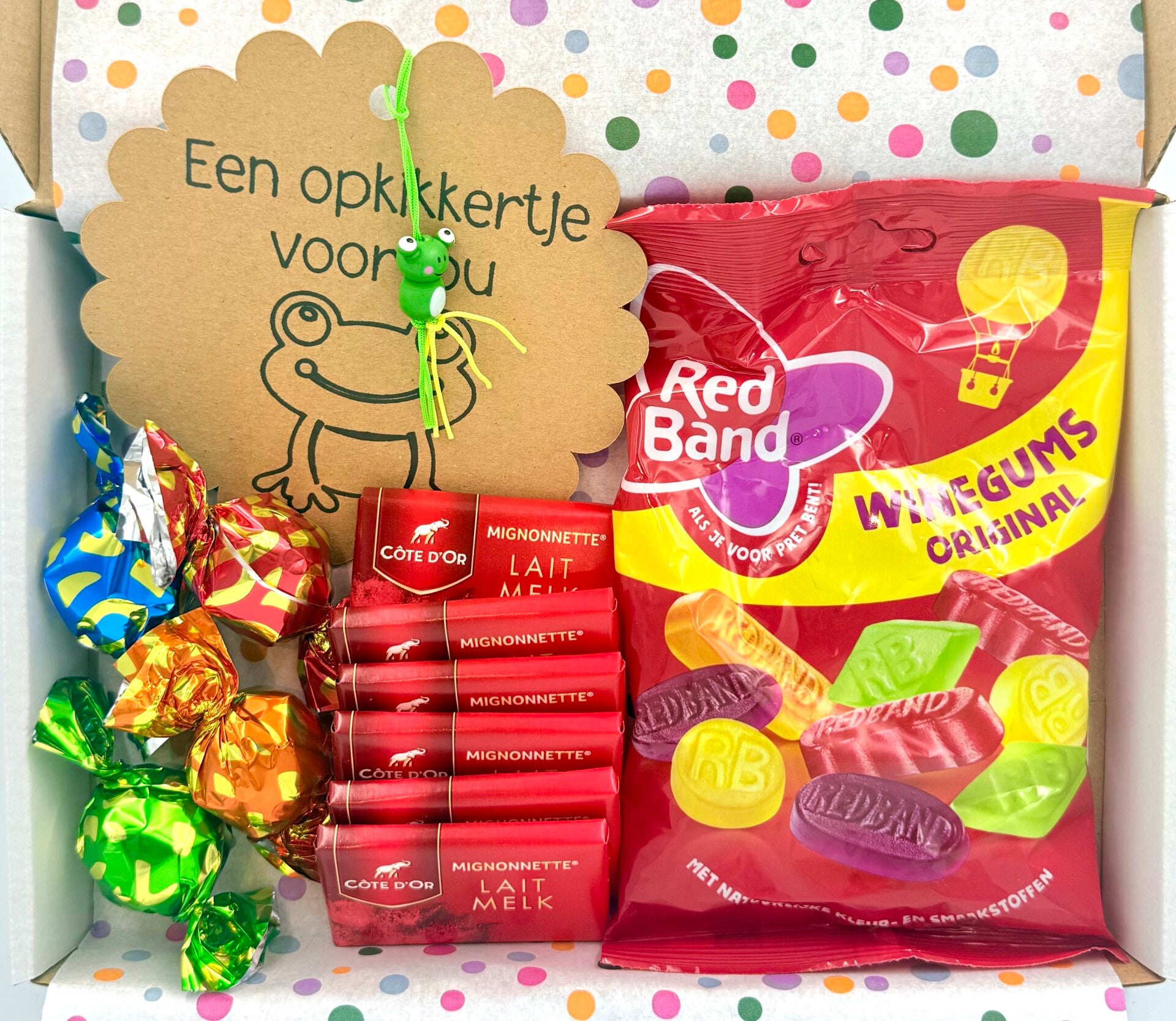 Postkadootje Winegum | Red band winegums | Mini chocolade | Bonbons chocolade | Opkikkertje voor jou gelukje | Kaartje naar keuze