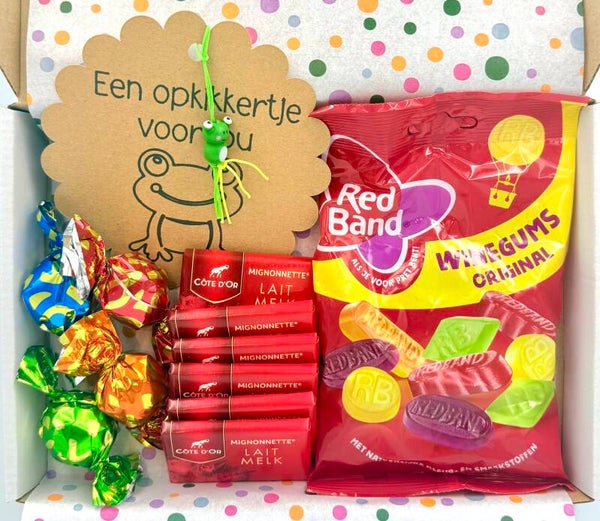 Postkadootje Winegum | Red band winegums | Mini chocolade | Bonbons chocolade | Opkikkertje voor jou gelukje | Kaartje naar keuze