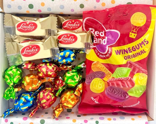 Postkadootje Winegums | Red Band winegums snoepjes | Bonbons chocolade | Lonka nougat | Kaartje naar keuze