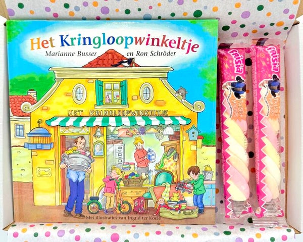 Postkadootje Winkeltje | (voor)leesboek kringloopwinkeltje | 2 x spekkies | Kaartje naar keuze