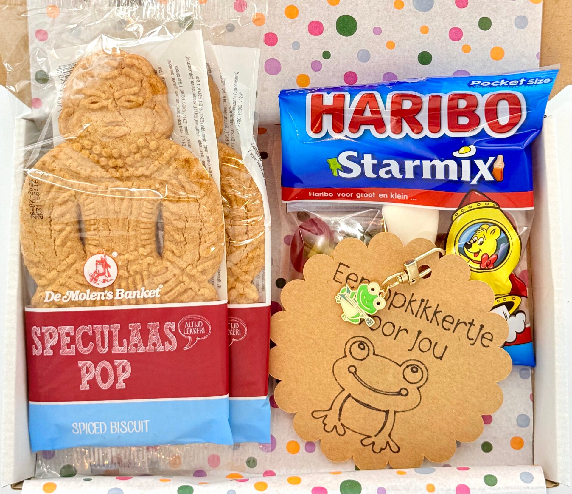 Postkadootje Zoetje | Haribo starmix | Speculaaspoppen | Opkikkertje voor jou sleutelhanger | Kaartje naar keuze
