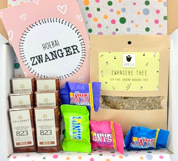 Postkadootje Zwanger | Zwangere thee | Tony chocolonely mini's | Mini chocolade | Kaartje hoera zwanger!