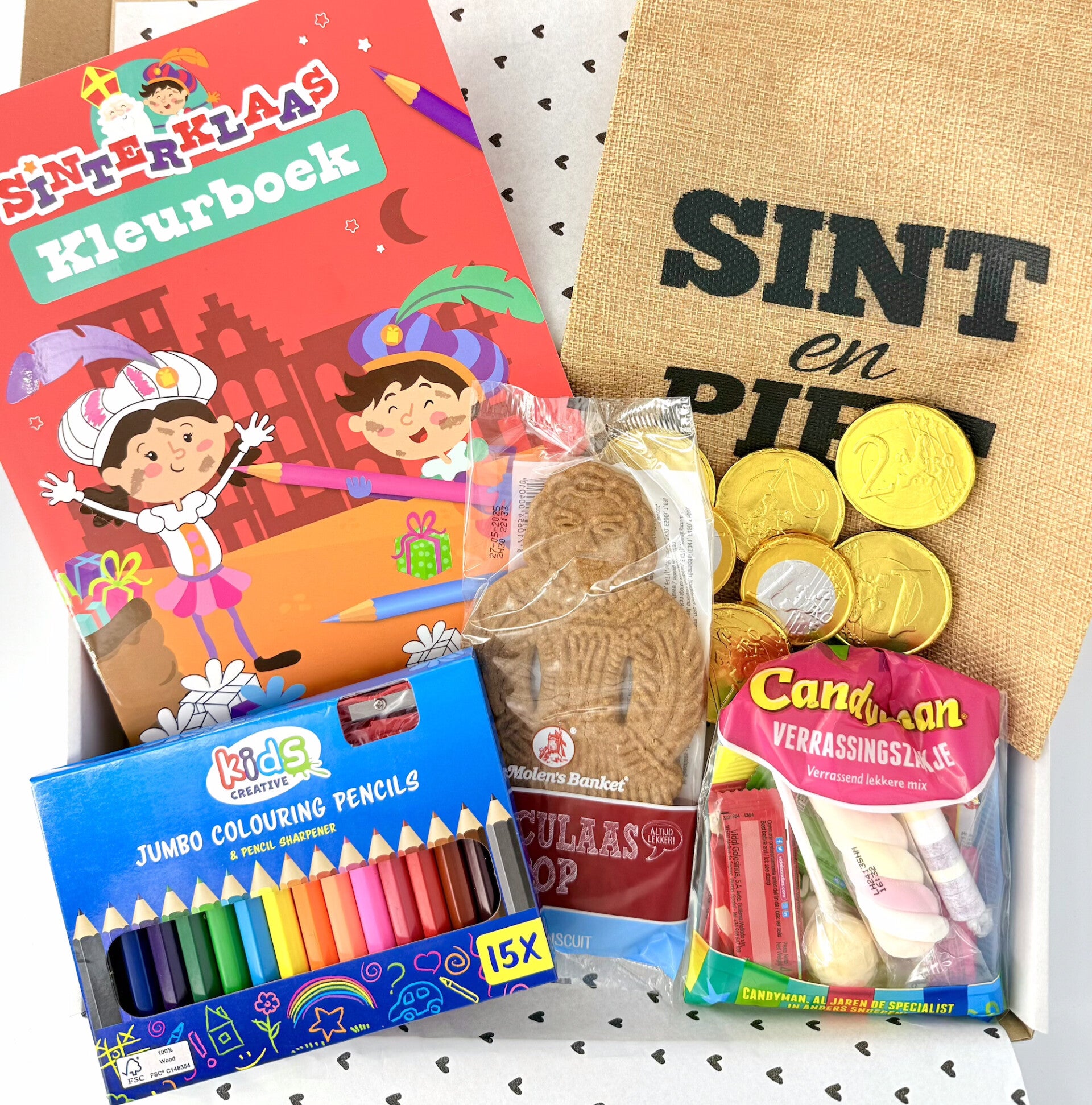 Sinterklaas | Kleurboek | Jumbo potloden met slijper | Speculaaspop | Chocolademunten | Verrassingszakje snoep | Sint en piet zakje | Kaartje naar keuze