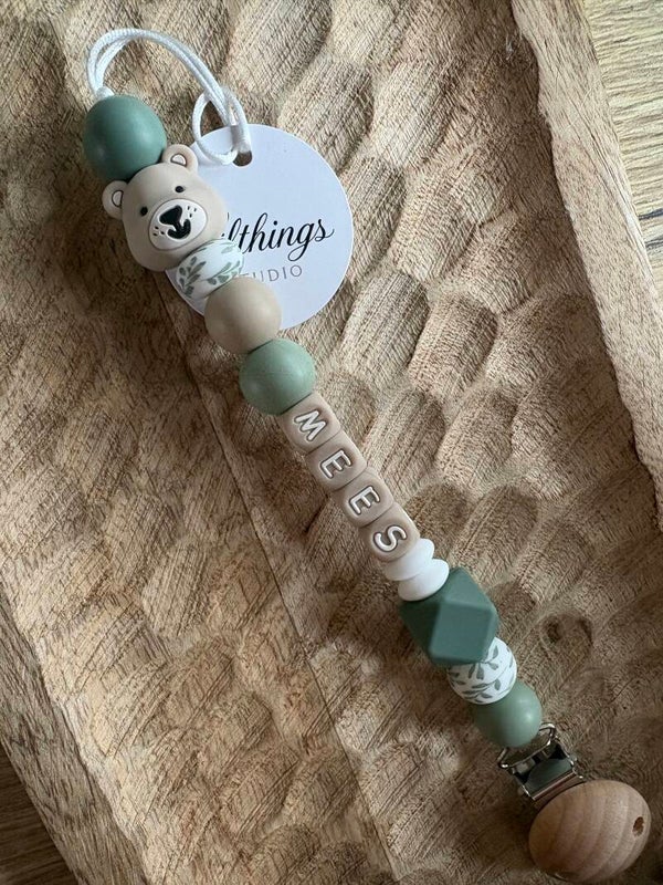 Speenkoord met naam Oudgroen/Beige |Mees