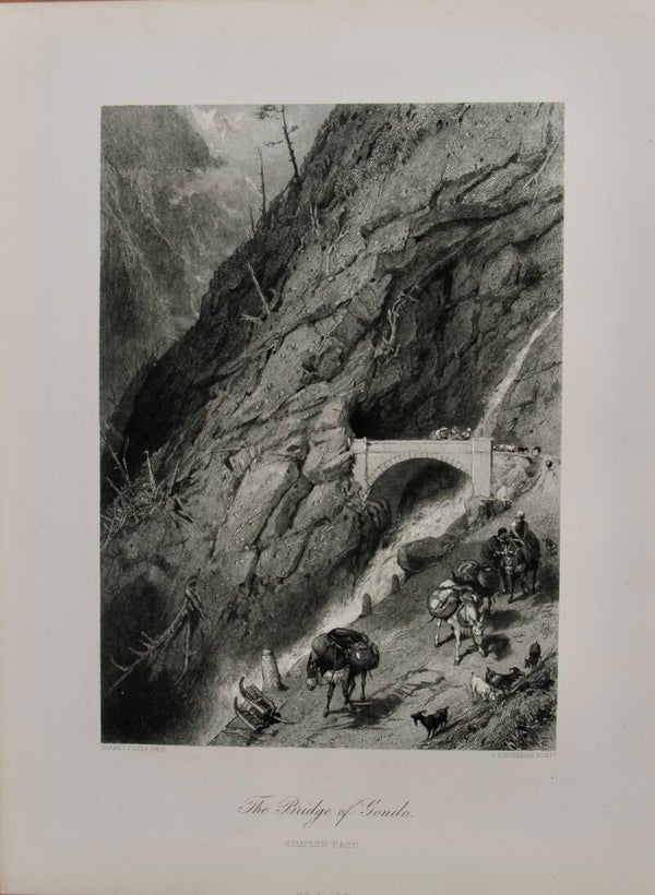 19th century steel engraving “The Bridge of Gondo”