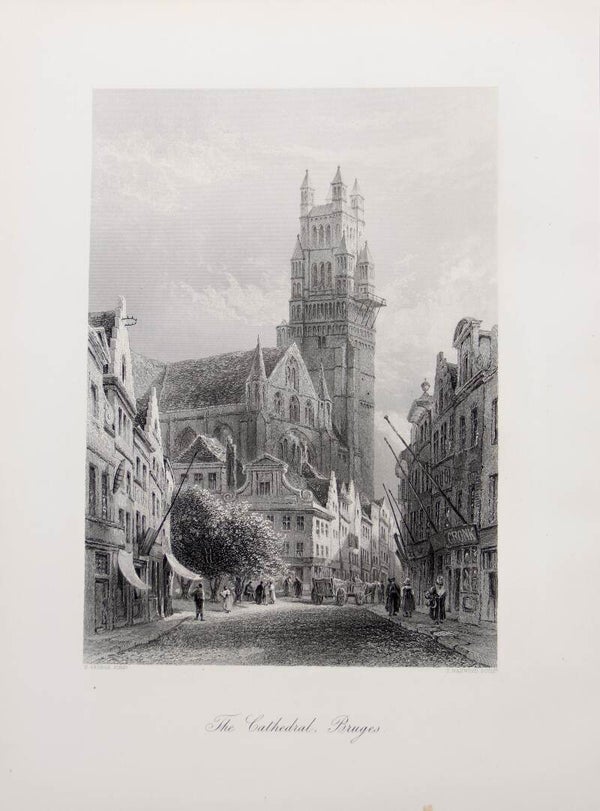 19tg century steel engraved print “The Cathedral, Bruges”