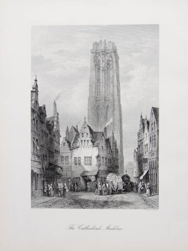 19tg century steel engraved print “The Cathedral, Mechlin”