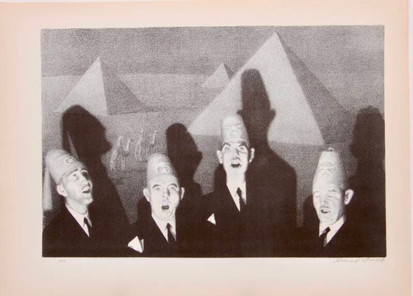 Mid Century American reproduction print “Shriners” Quartet” by Grant Wood