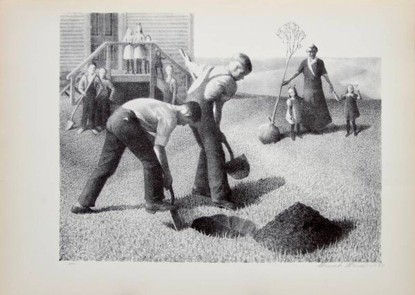 Mid Century American reproduction print “Tree-Planting Group” by Grant Wood