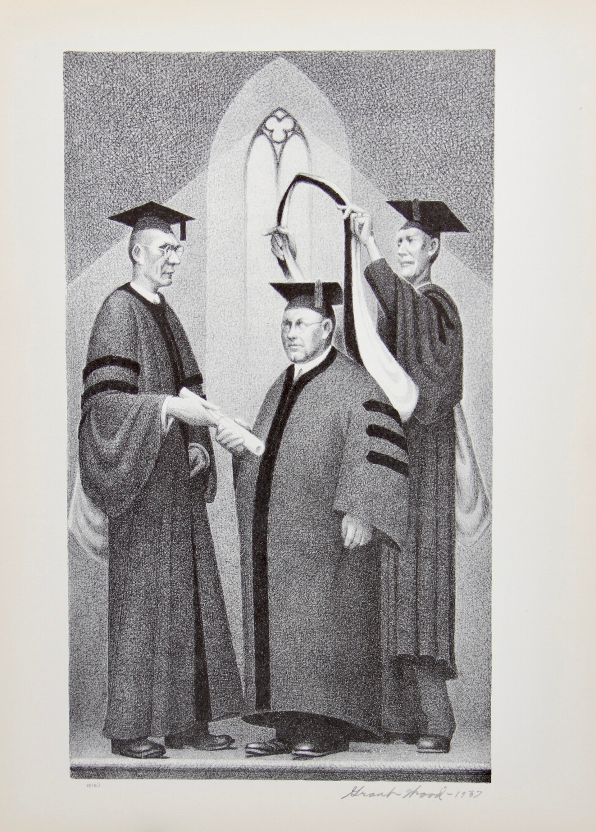 Mid Century American reproduction print “Honorary Degree” by Grant Wood