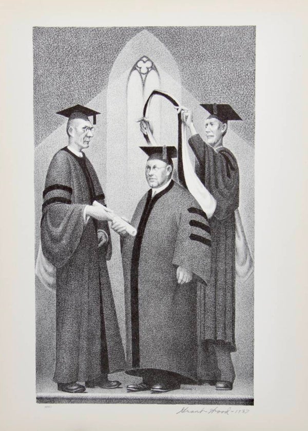 Mid Century American reproduction print “Honorary Degree” by Grant Wood