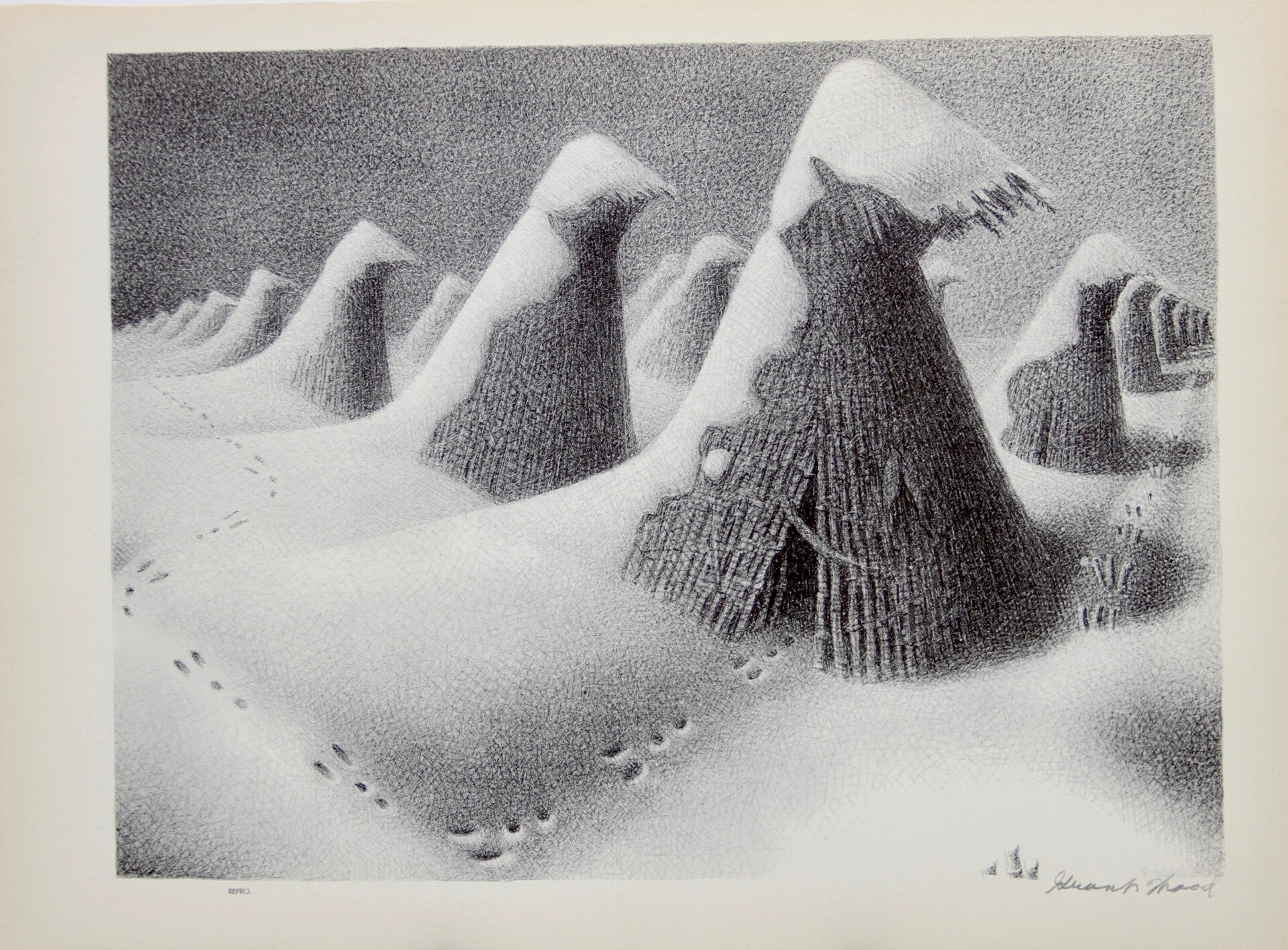 Mid Century American reproduction print “January” by Grant Wood