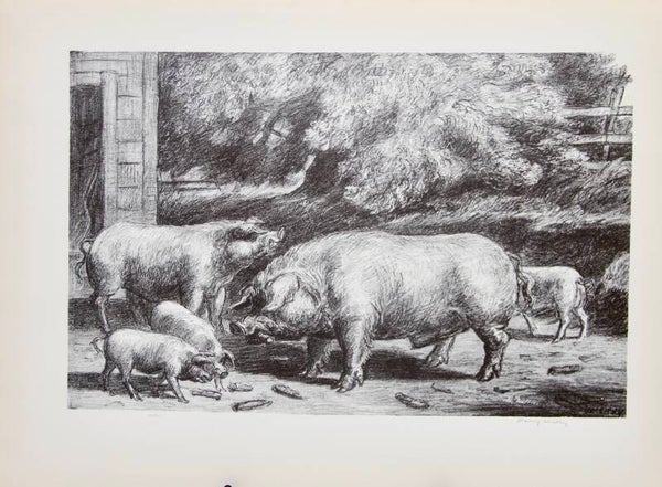 Mid Century American reproduction print “ Hogs near a Corncrib”