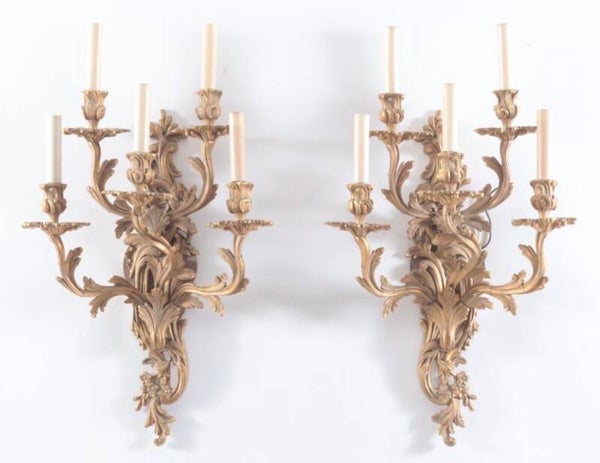 Pair of French Louis XV Style Five-Light gilt Brass Sconces