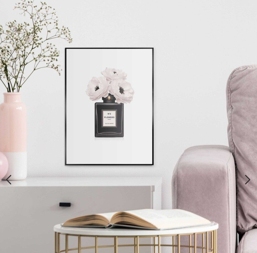 Schilderij parfumfles met bloemen