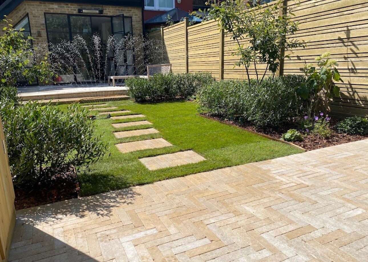 Garden landscaping with new block paving patio and lawn in North Bristol⁠