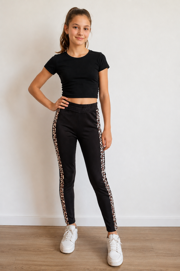 Schwarze Mädchen Leggings mit Leo-Print