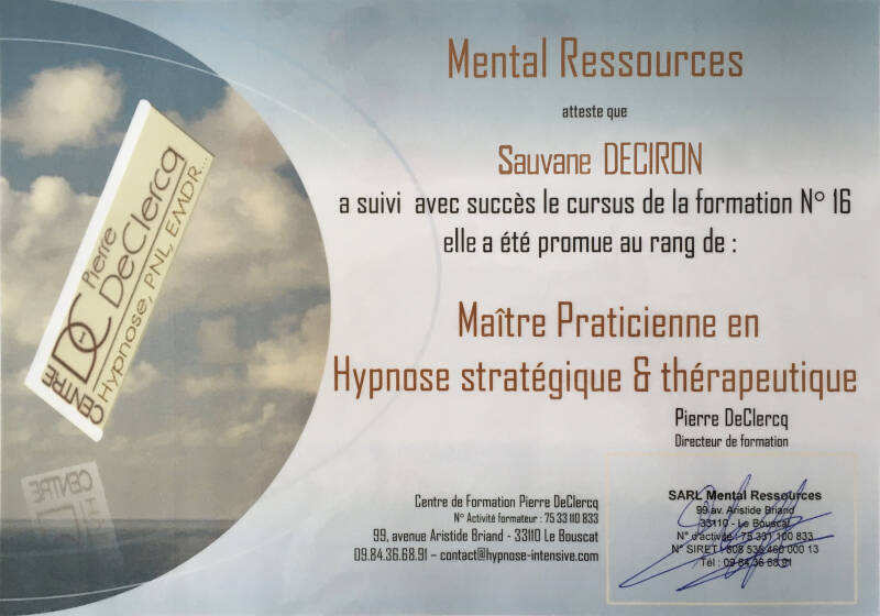 Certification Sauvane Deciron Maitre praticienne en Hypnose stratégique et thérapeurtique