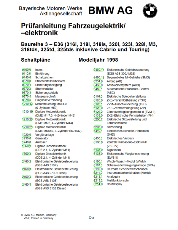 BMW E36 BJ.1998 Schaltplan (316i, 318i, 318is, 320i, 323i, 328i, M3, 318tds, 325td, 325tds inklusive Cabrio und Touring