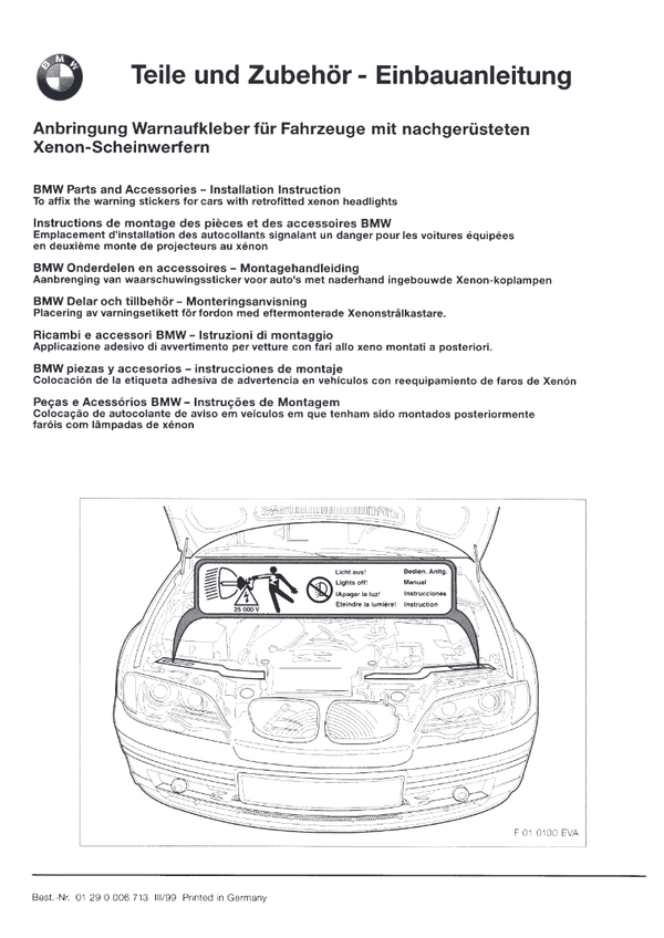 BMW E46 Warnaufkleber Xenon - Scheinwerfer Einbauanleitung