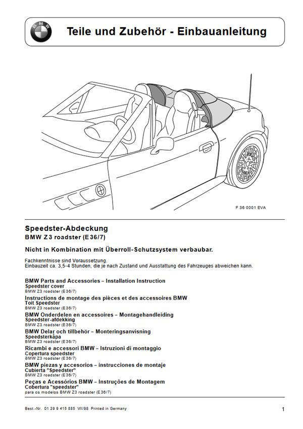 BMW E36/7 Nachrüstung Speedster-Abdeckung BMW Z3 roadster Einbauanleitung