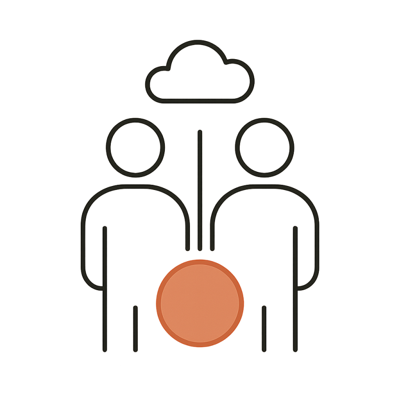 Minimalistische Fineline-Illustration: Zwei Figuren mit Wolke und verbindendem Kreis – Symbol für Belastungen in Beziehungen, Sexualität, Stress oder Niedergeschlagenheit bei Diabetes