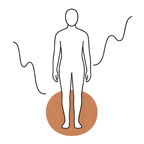 Minimalistische Illustration: Sicherheit bei hohen und niedrigen Blutzuckerwerten Minimalistische Fineline-Illustration in Schwarz mit terracottafarbenem Kreis: Abstrahierte Person steht entspannt zwischen zwei geschwungenen Linien – Symbol für hohe und niedrige Blutzuckerspiegel, Sicherheit und psychologische Beratung bei Diabetes.