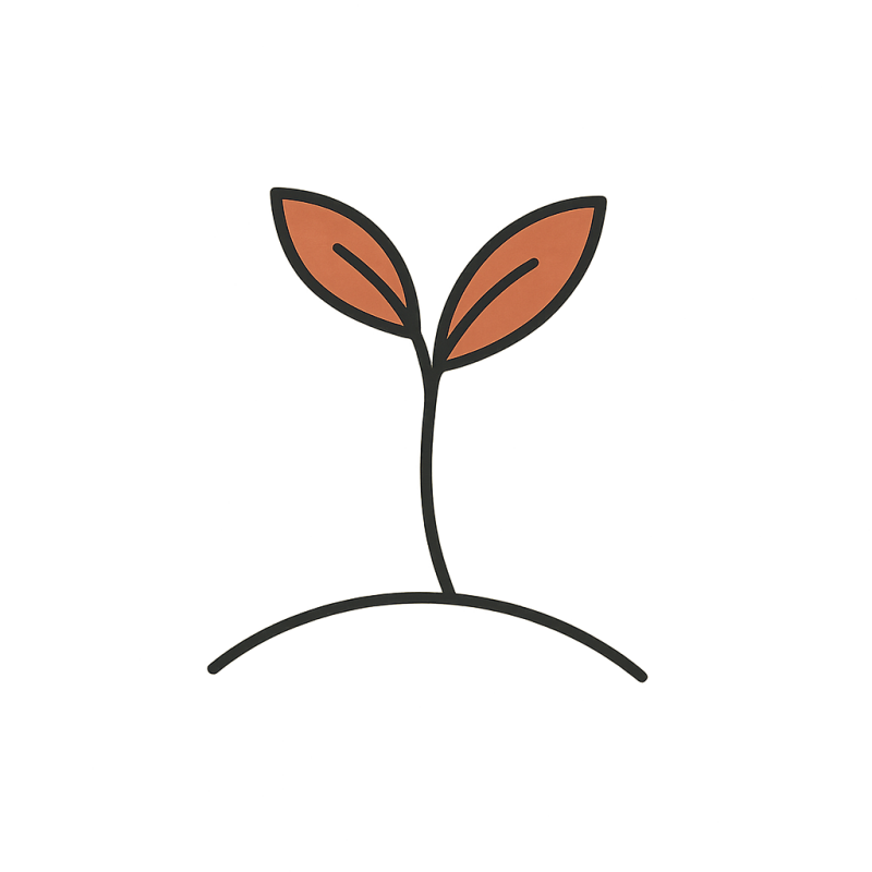 Minimalistische Fineline-Illustration: Keimling mit zwei Blättern – Symbol für Motivation, Wachstum und einen gesunden Lebensstil mit Diabetes.