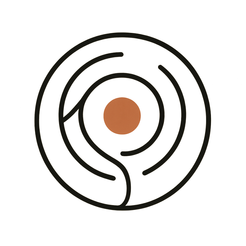 Minimalistische Fineline-Illustration: Kreis mit innerem Punkt – Symbol für Integration und Akzeptanz des Diabetes im Alltag.